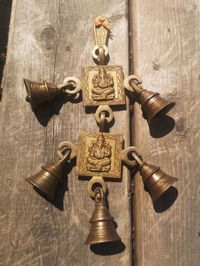 Ganesha Ganapati Statue Brass Metal Door/Wall Hanging Chime L:9.5", With 5 Bells